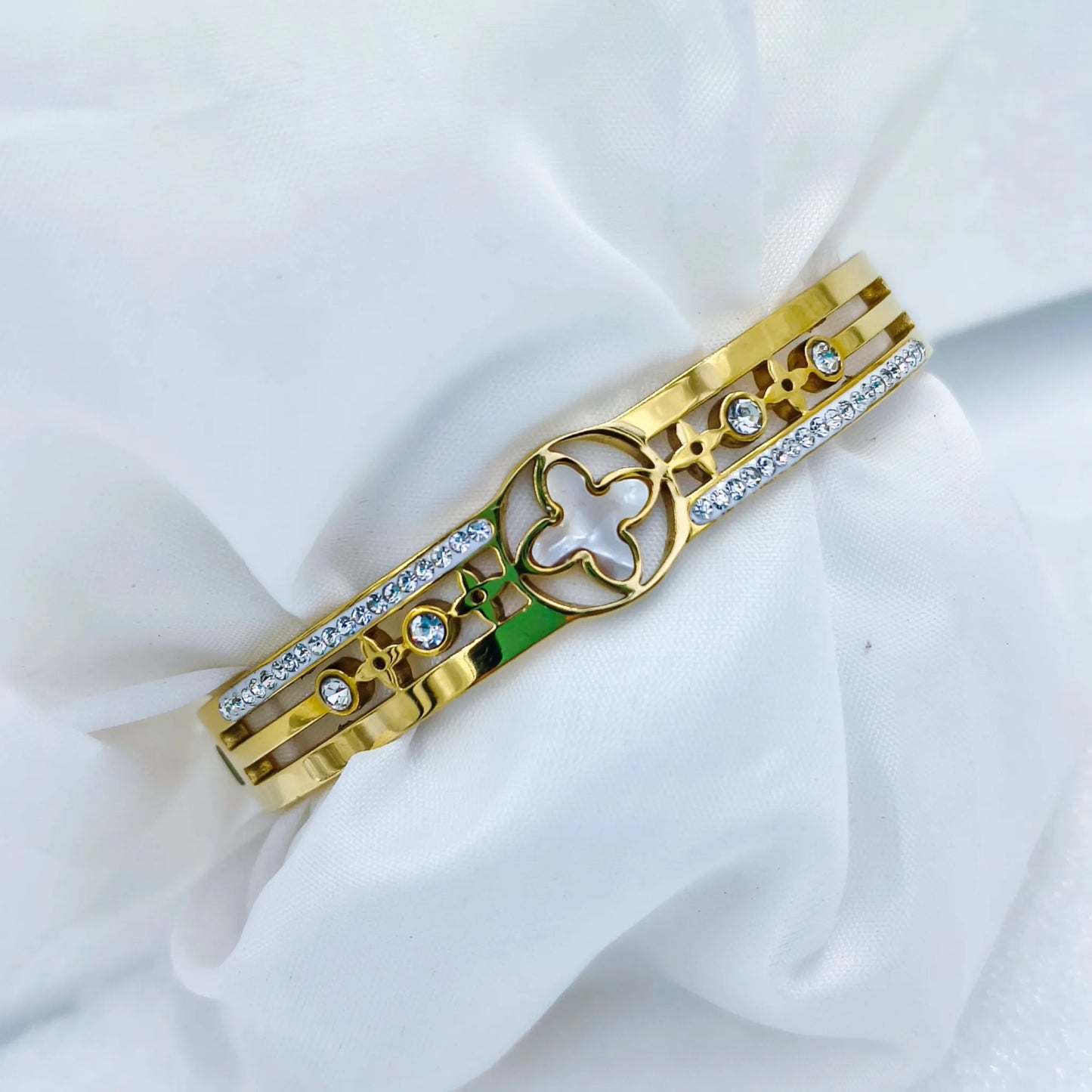 Anti Tarnish Gold Plated Kada Bracelet with White Stones & Designer Motif
