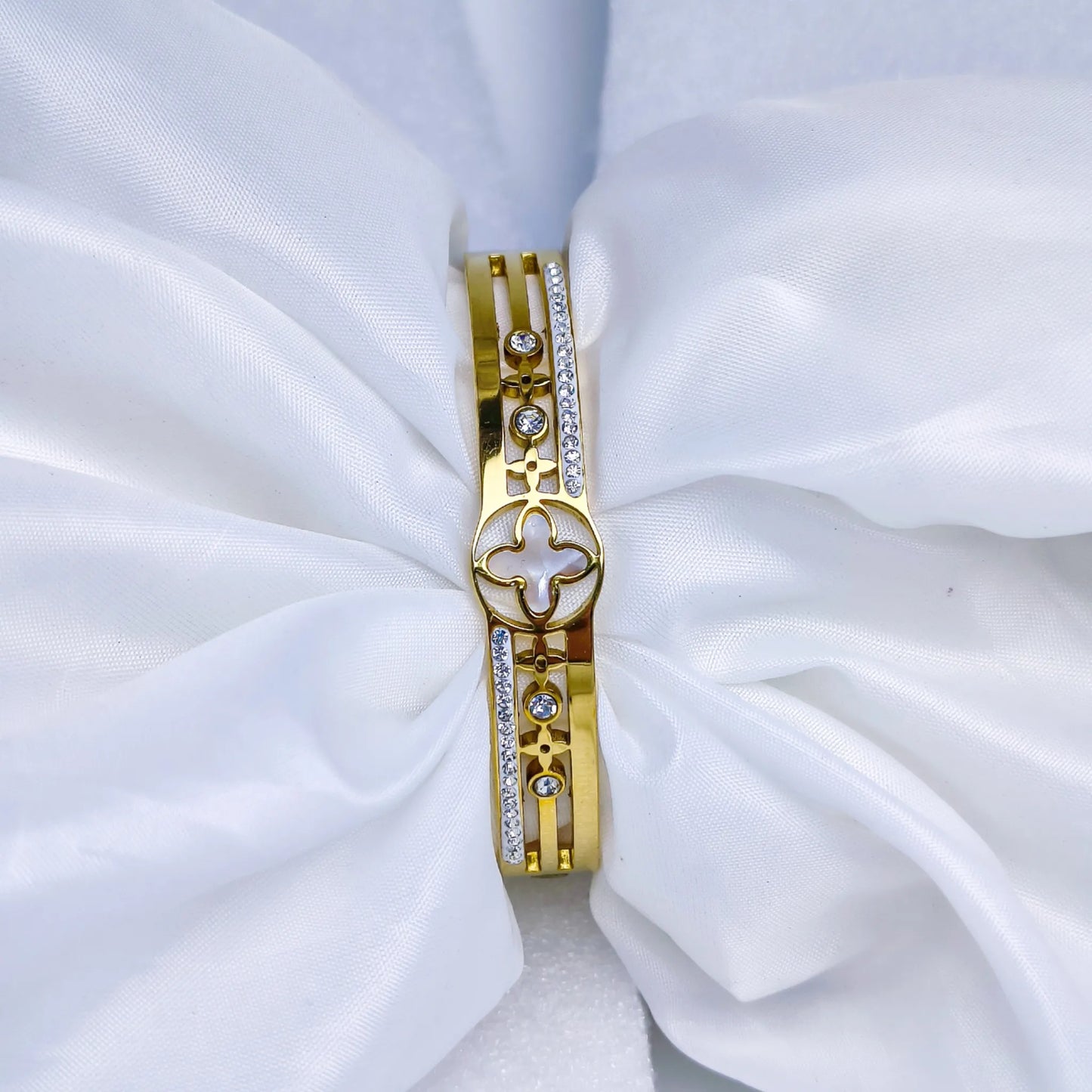 Anti Tarnish Gold Plated Kada Bracelet with White Stones & Designer Motif