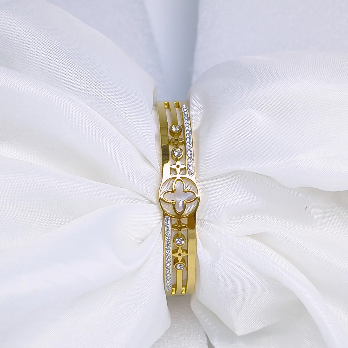 Anti Tarnish Gold Plated Kada Bracelet with White Stones & Designer Motif