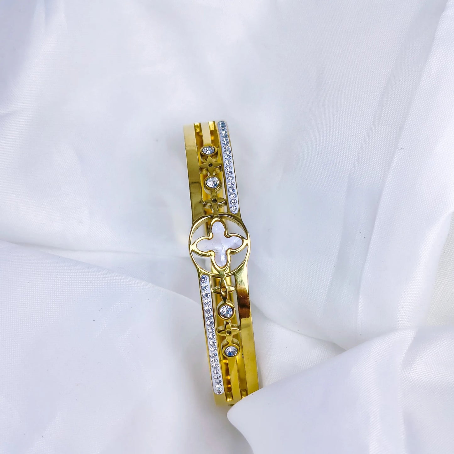 Anti Tarnish Gold Plated Kada Bracelet with White Stones & Designer Motif