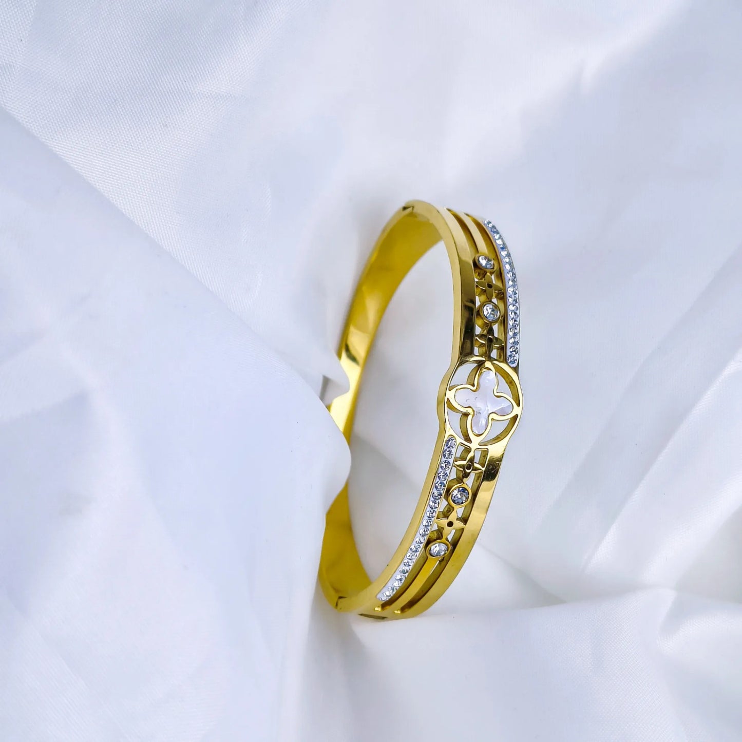 Anti Tarnish Gold Plated Kada Bracelet with White Stones & Designer Motif