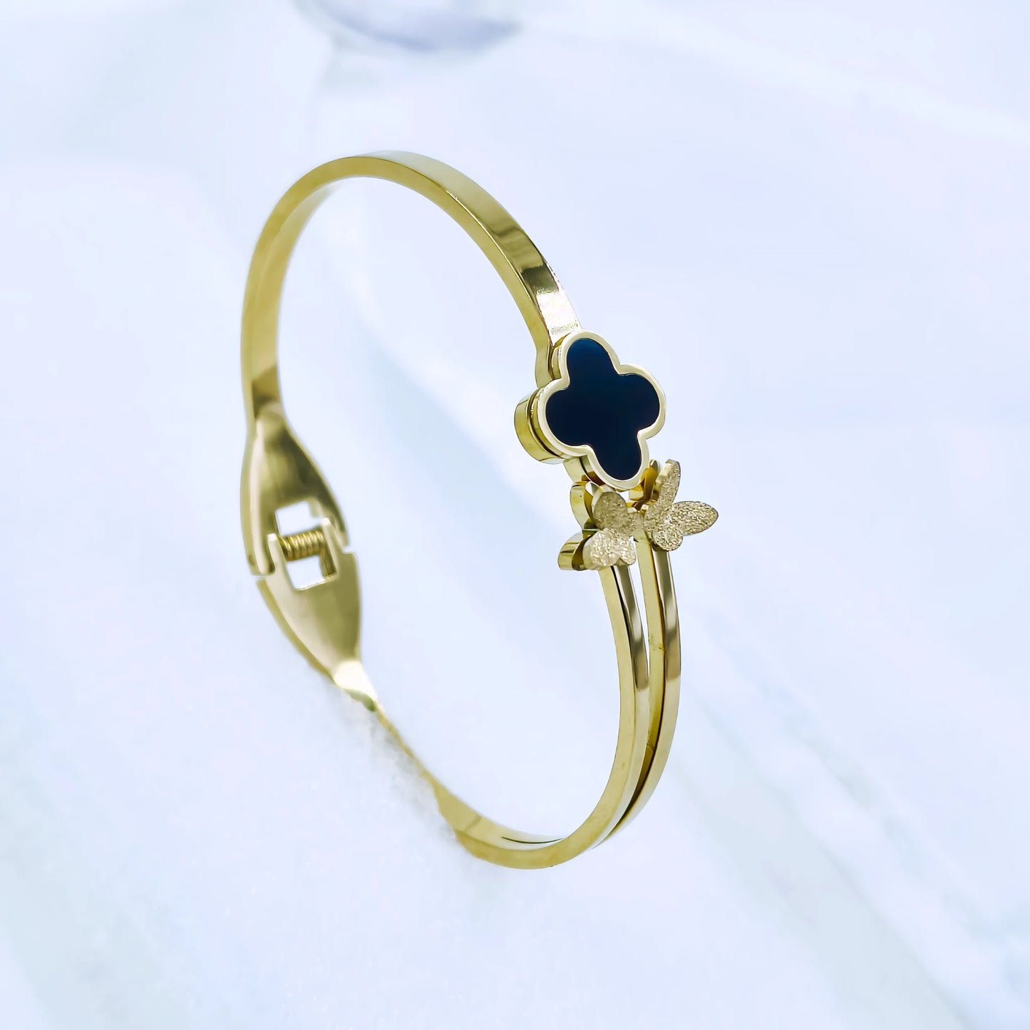 Black Clover & Butterfly Accent Anti-Tarnish Gold Plated Kada / Bracelet