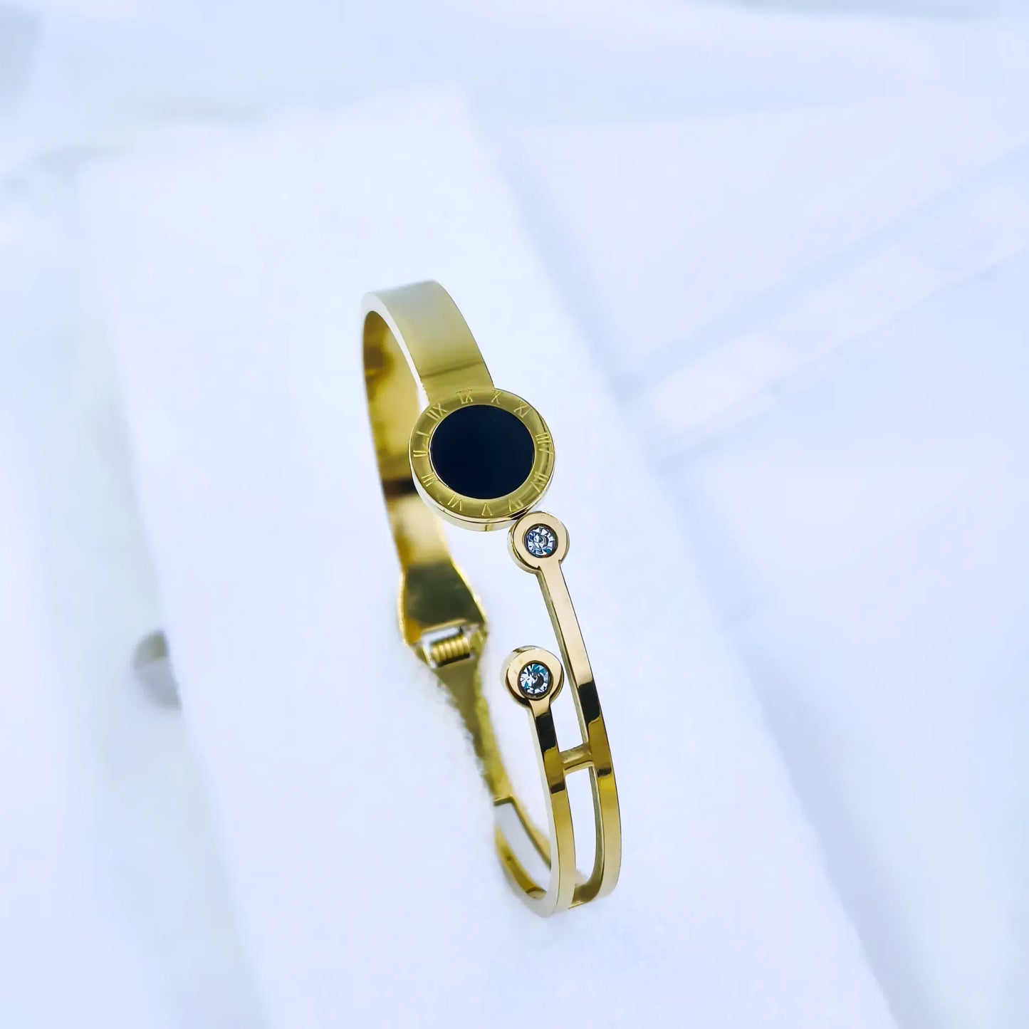 Black Stone Dual Line Anti-Tarnish Gold Plated Kada / Bracelet