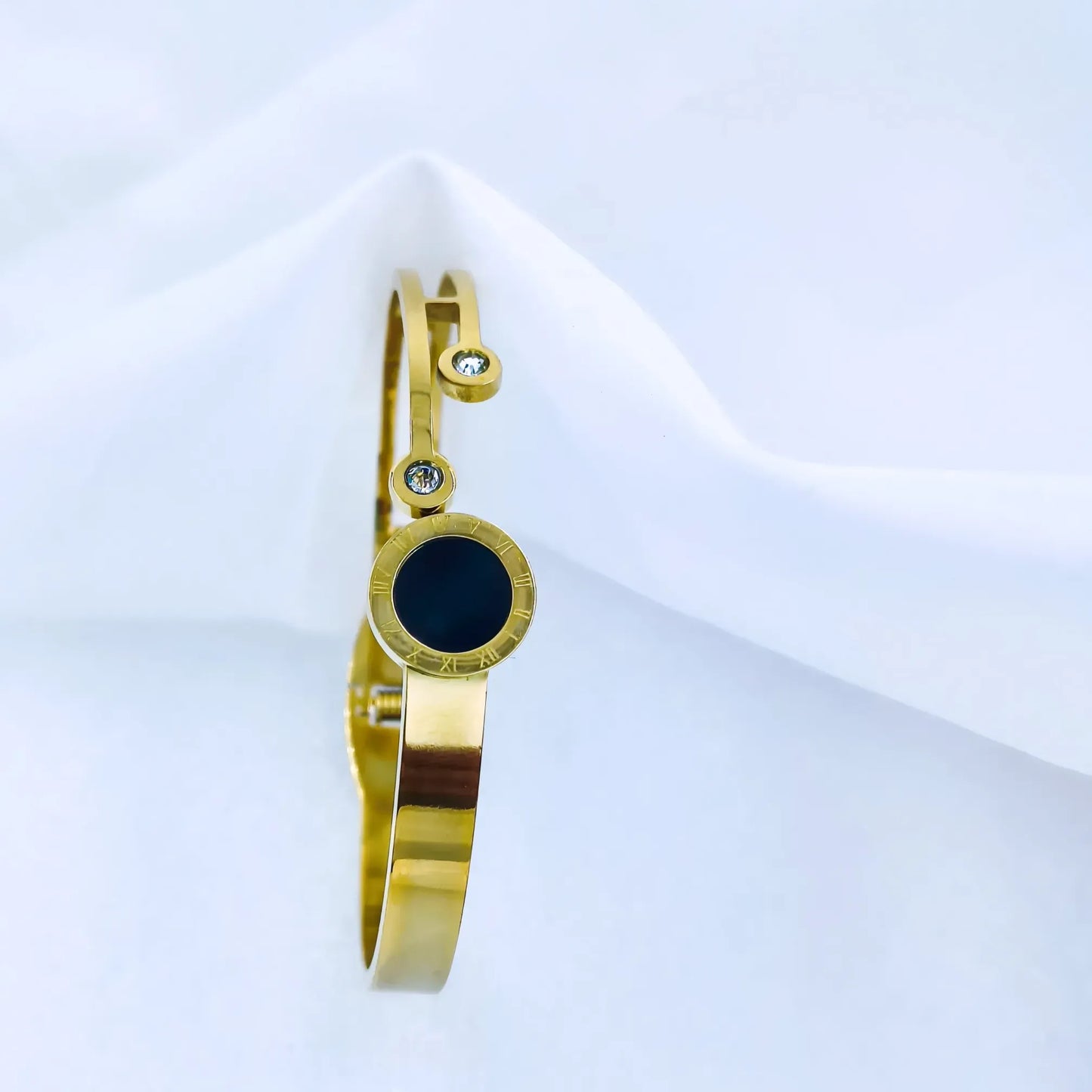 Black Stone Dual Line Anti-Tarnish Gold Plated Kada / Bracelet
