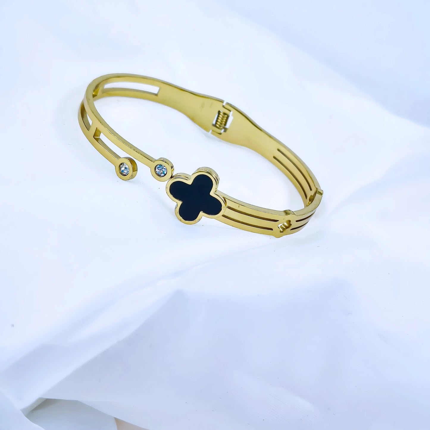Black Clover Crystal Accent Anti-Tarnish Gold Plated Kada / Bracelet