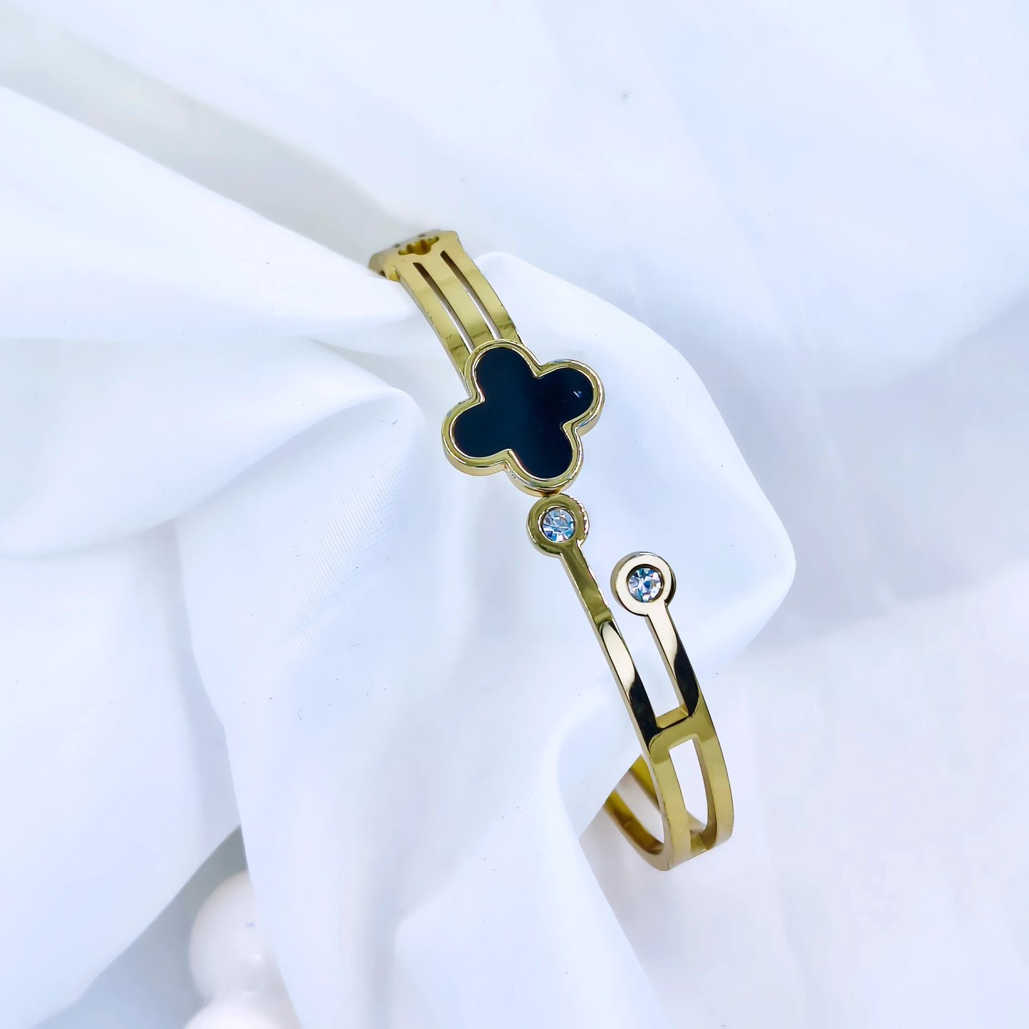Black Clover Crystal Accent Anti-Tarnish Gold Plated Kada / Bracelet