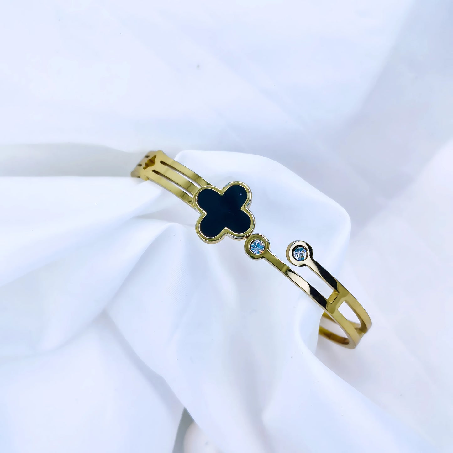 Black Clover Crystal Accent Anti-Tarnish Gold Plated Kada / Bracelet