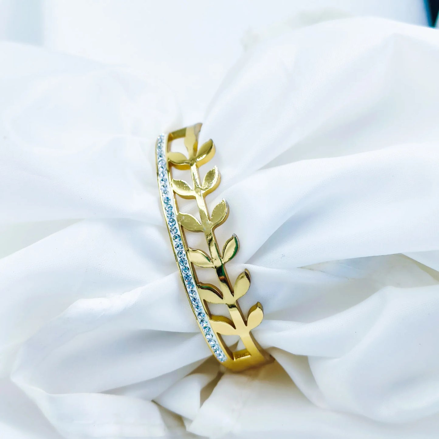 Leaf Vine Crystal Accent Anti-Tarnish Gold Plated Kada / Bracelet