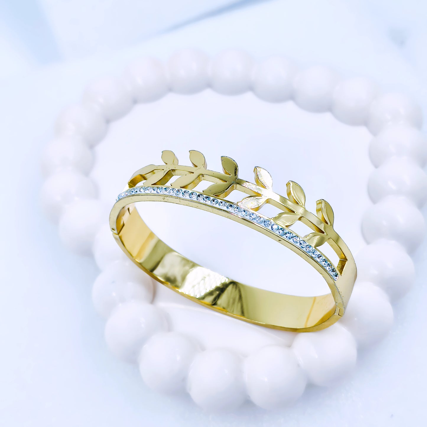 Leaf Vine Crystal Accent Anti-Tarnish Gold Plated Kada / Bracelet