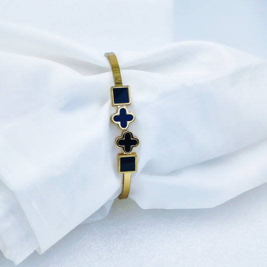 Black Enamel Squares & Clover Gold Plated Anti-Tarnish Bracelet (Size 2.6, 2.8 & Regular)