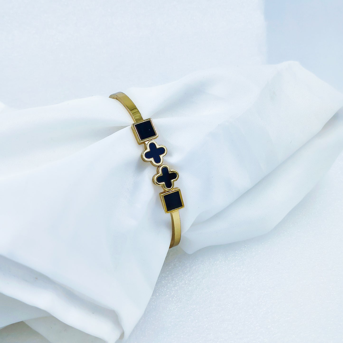 Black Enamel Squares & Clover Gold Plated Anti-Tarnish Bracelet (Size 2.6, 2.8 & Regular)