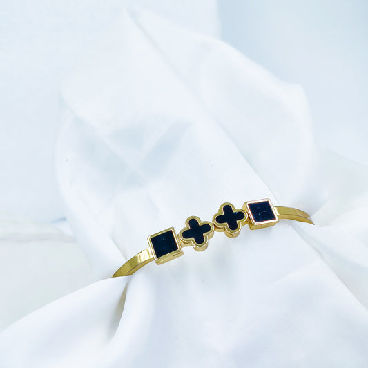 Black Enamel Squares & Clover Gold Plated Anti-Tarnish Bracelet (Size 2.6, 2.8 & Regular)