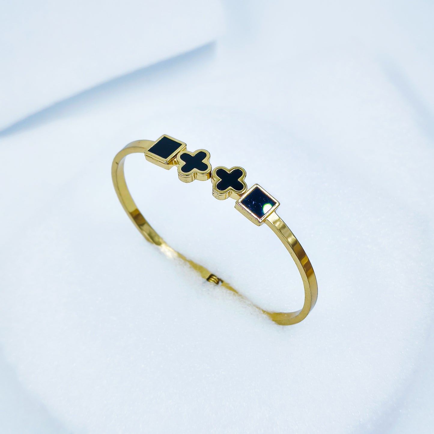 Black Enamel Squares & Clover Gold Plated Anti-Tarnish Bracelet (Size 2.6, 2.8 & Regular)