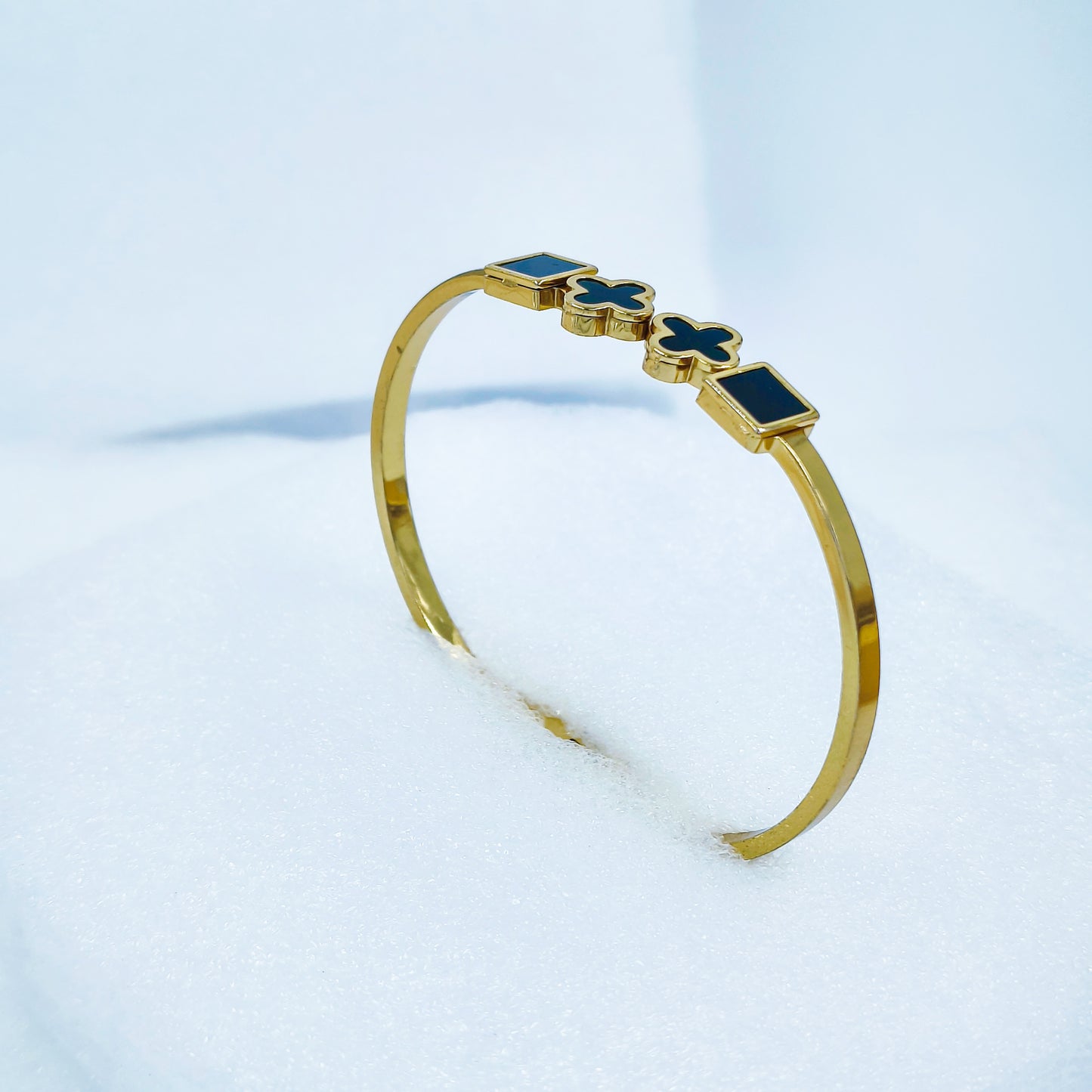 Black Enamel Squares & Clover Gold Plated Anti-Tarnish Bracelet (Size 2.6, 2.8 & Regular)