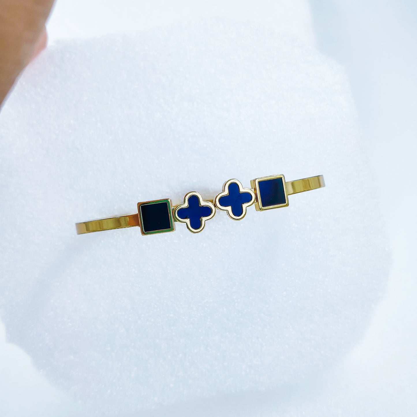 Black Enamel Squares & Clover Gold Plated Anti-Tarnish Bracelet (Size 2.6, 2.8 & Regular)