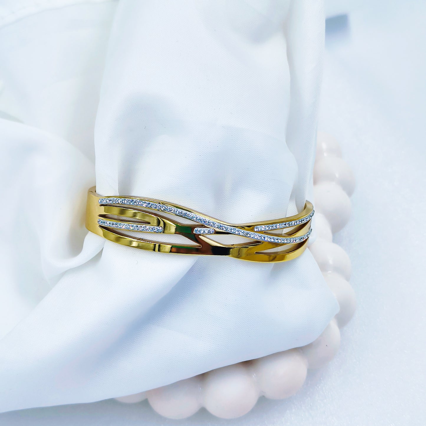 Triple Wave Crystal Gold Plated Anti-Tarnish Bracelet (Size 2.6, 2.8 & Regular)