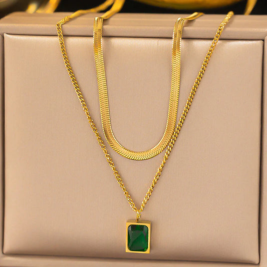 18K Gold-Plated Anti Tarnish Green Emerald Geometric Layered Necklace/Pendant