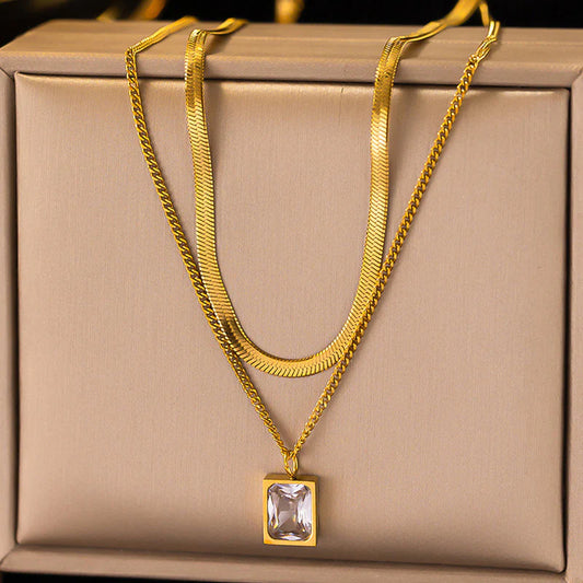 18K Gold-Plated Anti Tarnish White Emerald Geometric Layered Necklace/Pendant