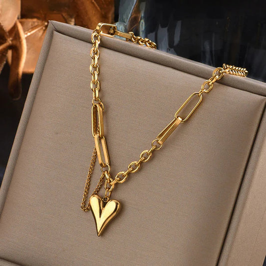 Anti Tarnish Bold Heart Charm Chain Necklace For Women