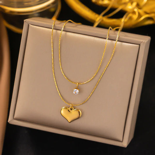 Layered Heart & Diamond Pendant Necklace – Anti-Tarnish