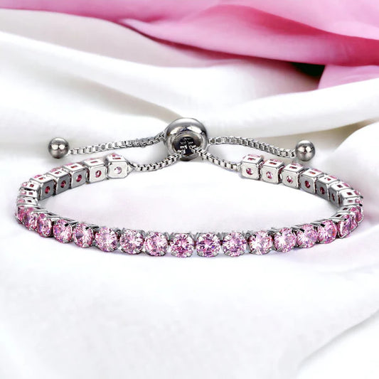 Pink Stone Adjustable Anti Tarnish Silver Bracelet For Women