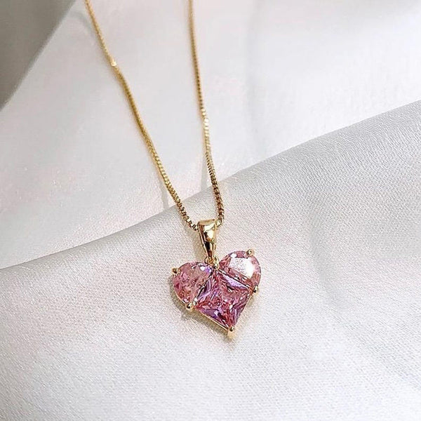 Gold Plated Pink Heart Anti Tarnish Pendant Necklace For Women