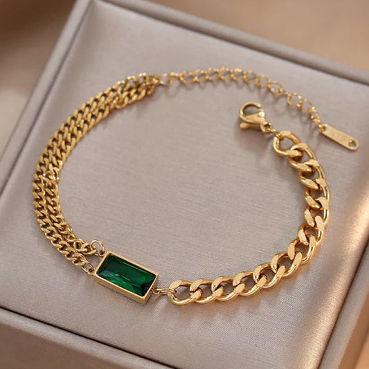 Anti Tarnish Gold-Plated Chain Bracelet with Green Stone For Woman