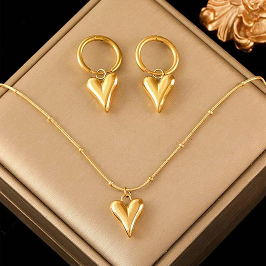 Gold-Plated Heart Anti Tarnish Pendant Necklace & Earrings Set For Women