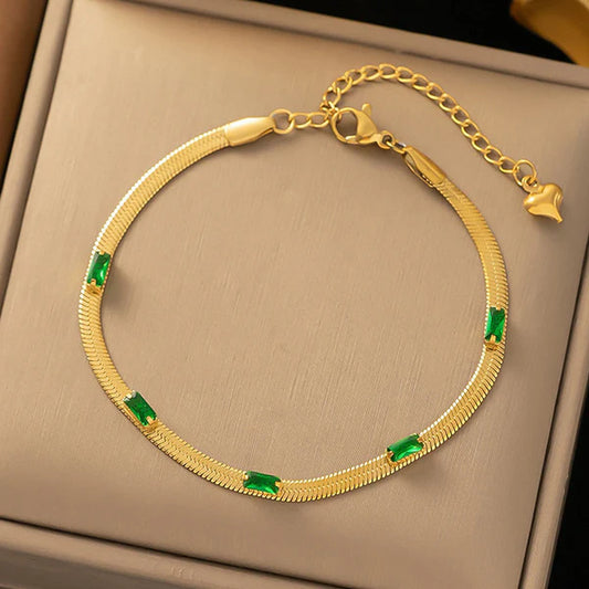 Gold Snake Chain Bracelet with Green Stones – Anti-Tarnish For Woman