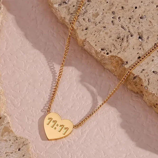 Gold-Plated 11:11 Heart Anti Tarnish Pendant Necklace For Women