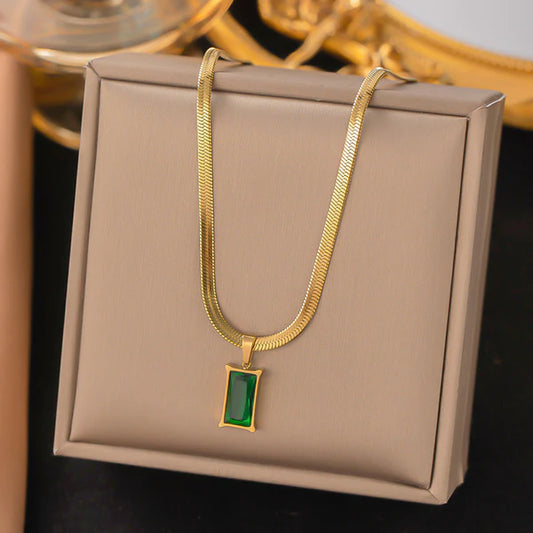 Gold Plated Emerald Green Rectangle Anti Tarnish Pendant Necklace For Women