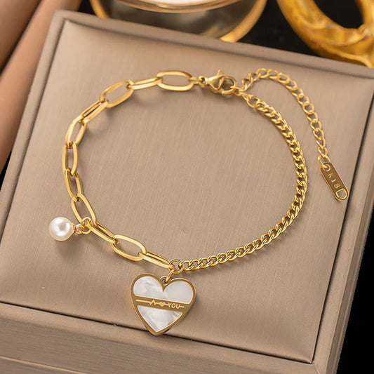 Gold-Plated Heart Charm Bracelet with Pearl | Dainty Jewelry for Women