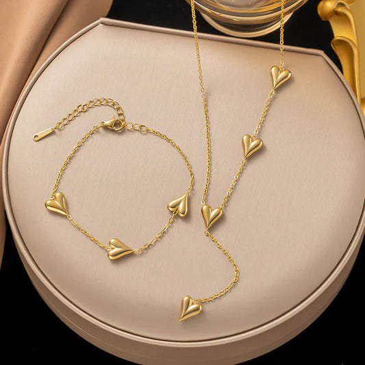 Anti Tarnish Gold Heart Necklace & Bracelet Set For Women