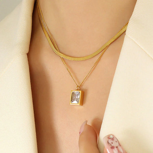 18K Gold-Plated Anti Tarnish White Emerald Geometric Layered Necklace/Pendant