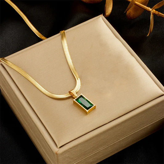 Gold Plated Emerald Green Rectangle Anti Tarnish Pendant Necklace For Women