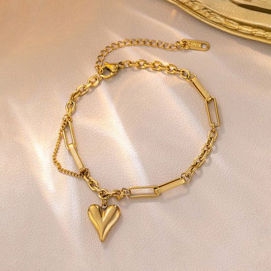Gold Plated Heart Charm Link Anti Tarnish Bracelet For Women