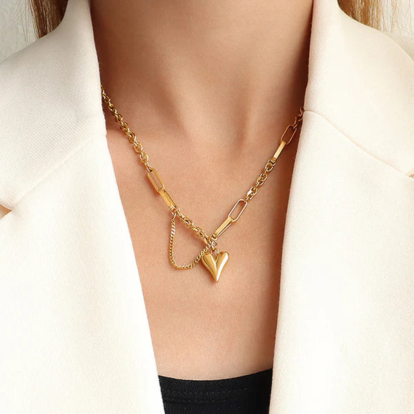 Anti Tarnish Bold Heart Charm Chain Necklace For Women