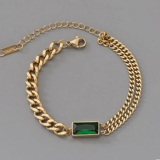 Anti Tarnish Gold-Plated Chain Bracelet with Green Stone For Woman