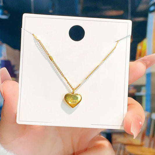Gold Heart Pendant Anti Tarnish Necklace  – “Love” Engraved For Woman