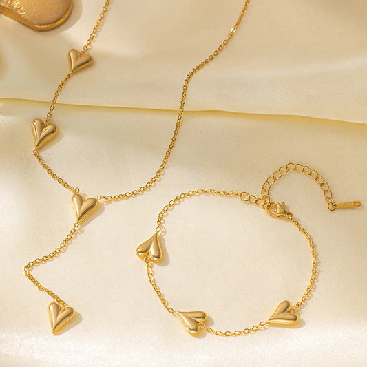 Anti Tarnish Gold Heart Necklace & Bracelet Set For Women