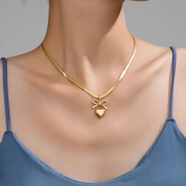 Gold Plated Heart & Bow Pendant Anti-Tarnish Necklace For Women