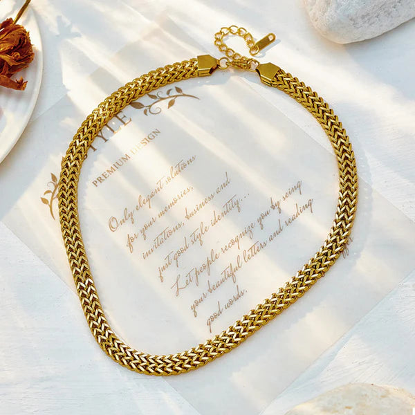 Anti Tarnish Gold-Plated Flat Woven Chain Necklace For Women