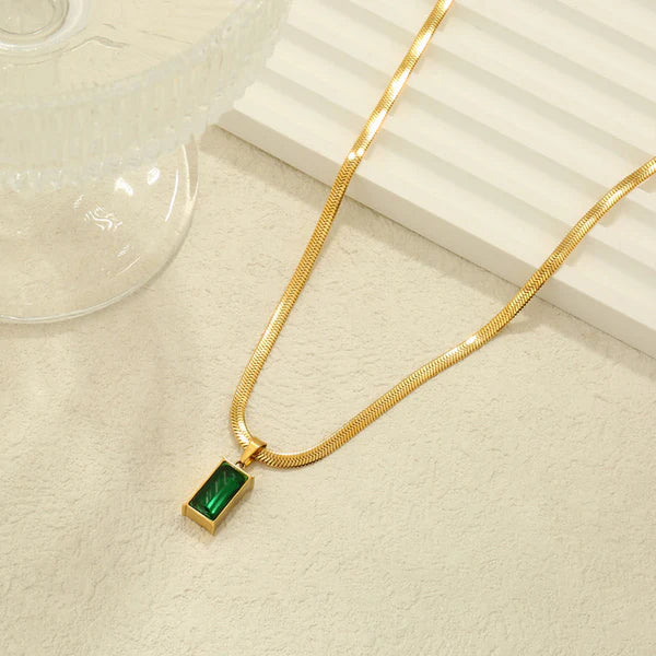Gold Plated Emerald Green Rectangle Anti Tarnish Pendant Necklace For Women