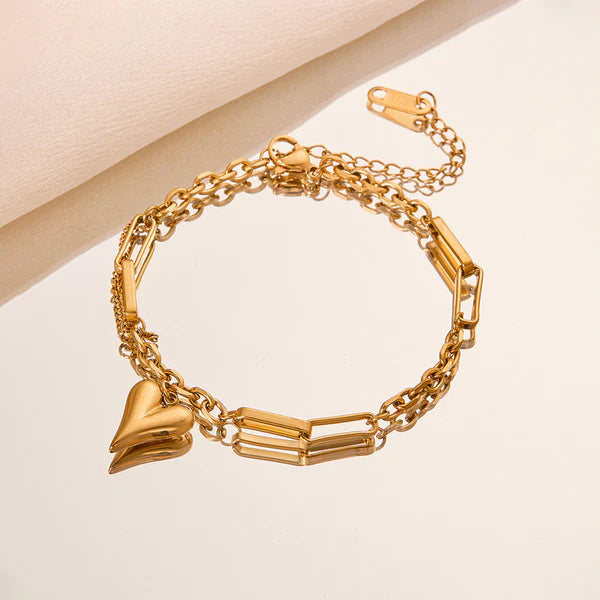 Gold Plated Heart Charm Link Anti Tarnish Bracelet For Women