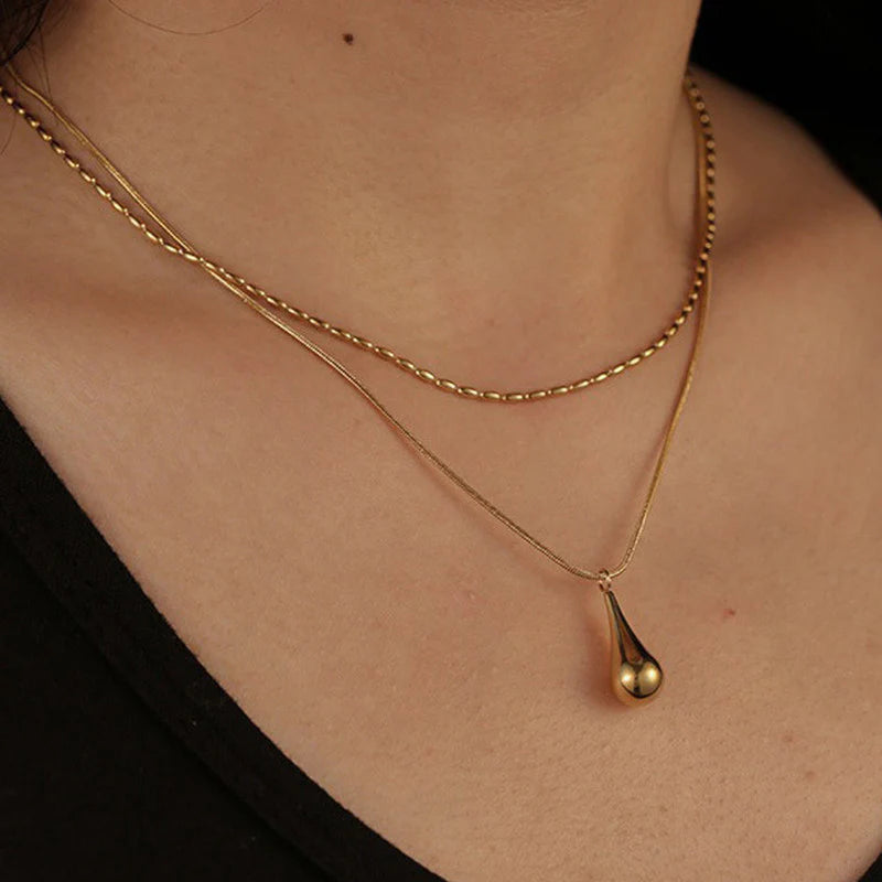 Gold-Plated Anti Tarnish Minimalistic Teardrop Layered Necklace/Pendant