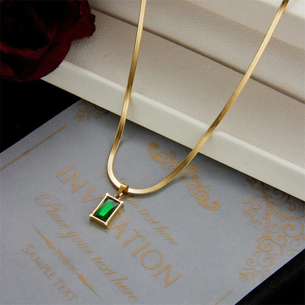 Gold Plated Emerald Green Rectangle Anti Tarnish Pendant Necklace For Women