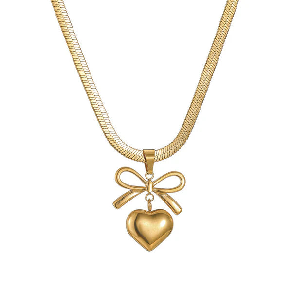 Gold Plated Heart & Bow Pendant Anti-Tarnish Necklace For Women