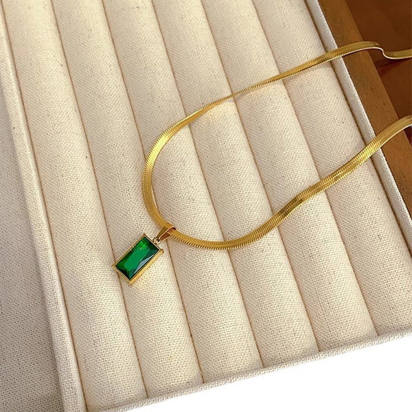 Gold Plated Emerald Green Rectangle Anti Tarnish Pendant Necklace For Women
