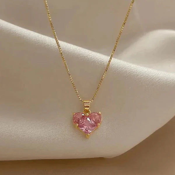 Gold Plated Pink Heart Anti Tarnish Pendant Necklace For Women