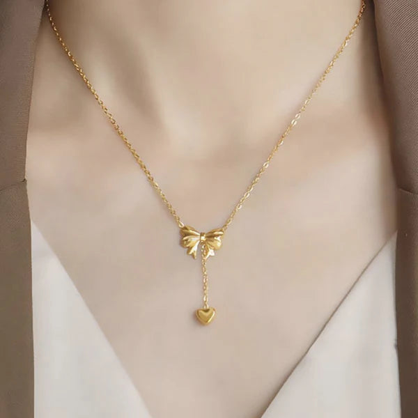 Gold-Plated Bow & Heart Anti Tarnish Pendant Chain For Women